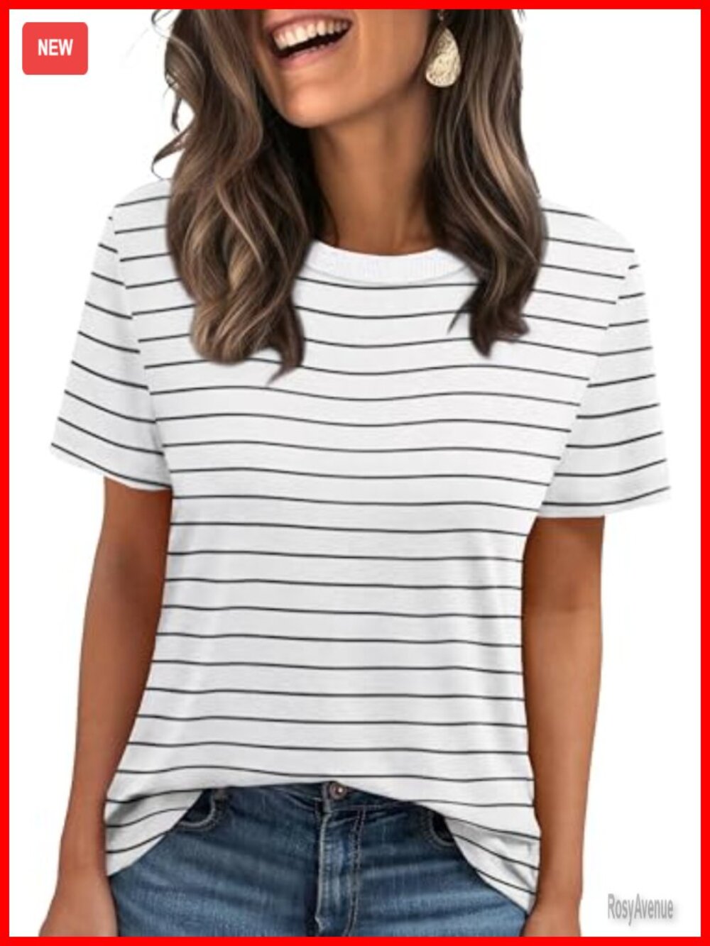 Womens Short Sleeve Crewneck Ribbed Trim Tee Casual Summer Top